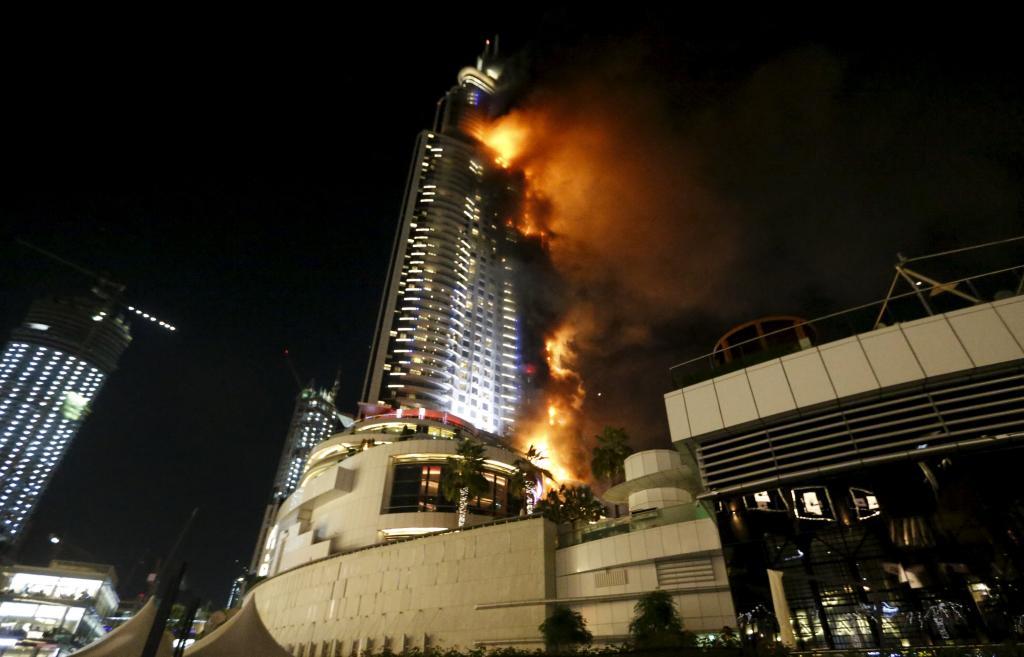 A fire engulfs The Address Hotel in downtown Dubai in the United Arab Emirates